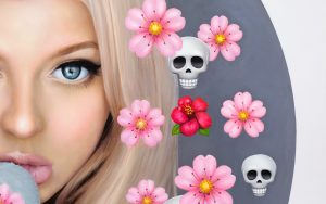 detail form painting "Loren with Cherry Blossoms and Skulls" by Chris Drange