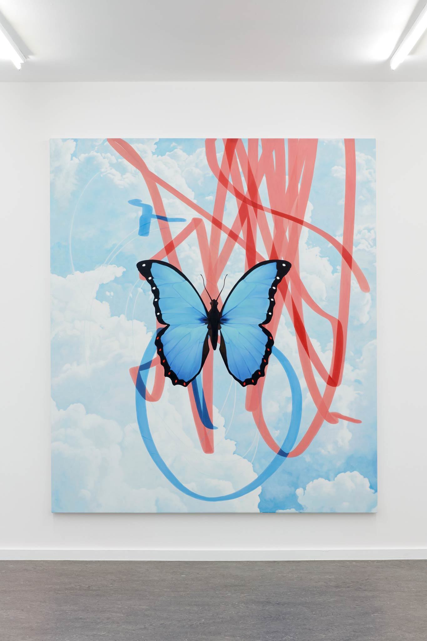 Painting by Chris Drange showing a  Butterfly, clouds and color stripes