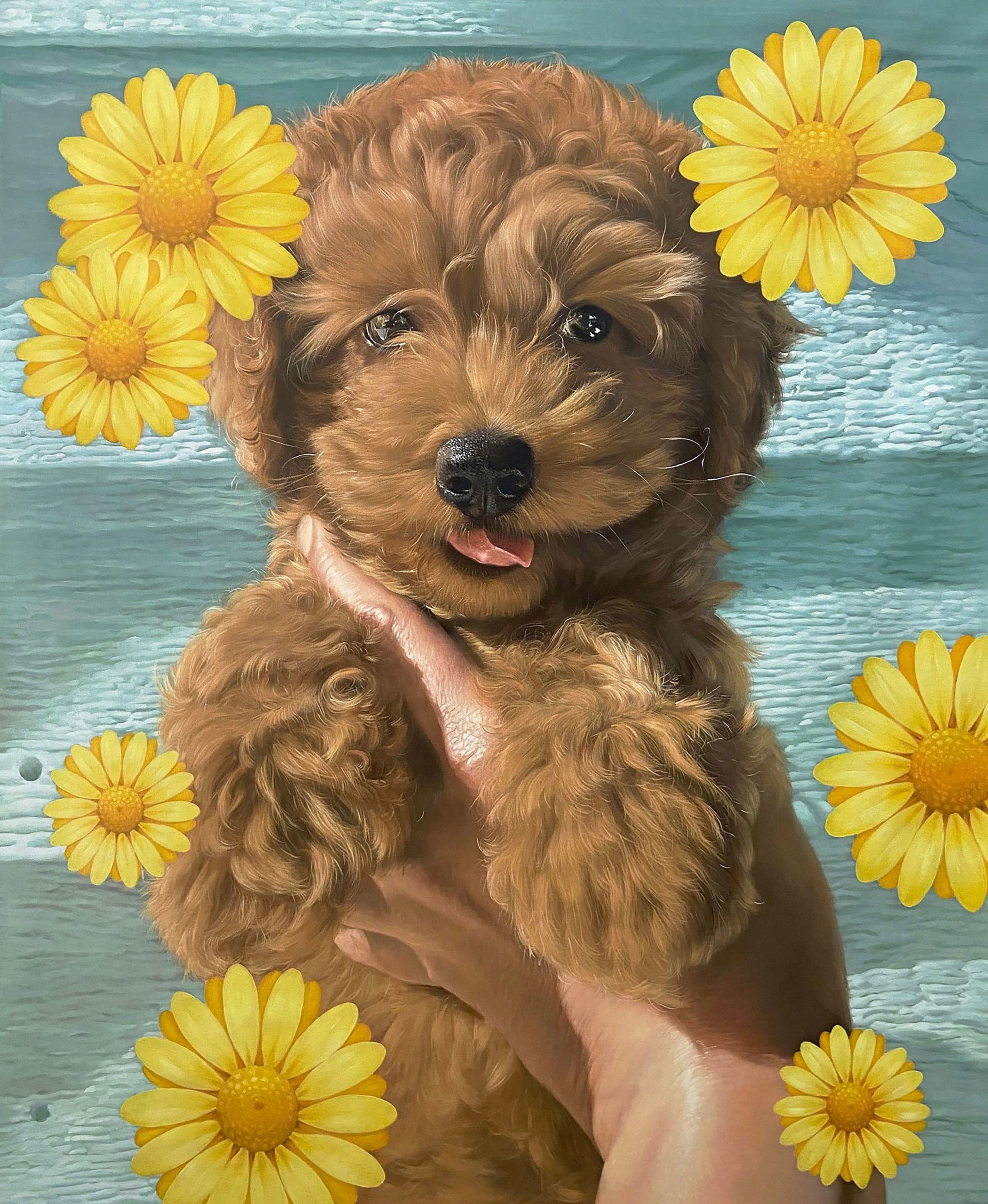 painting by Chris Drange showing a Puppy With Yellow Blossoms